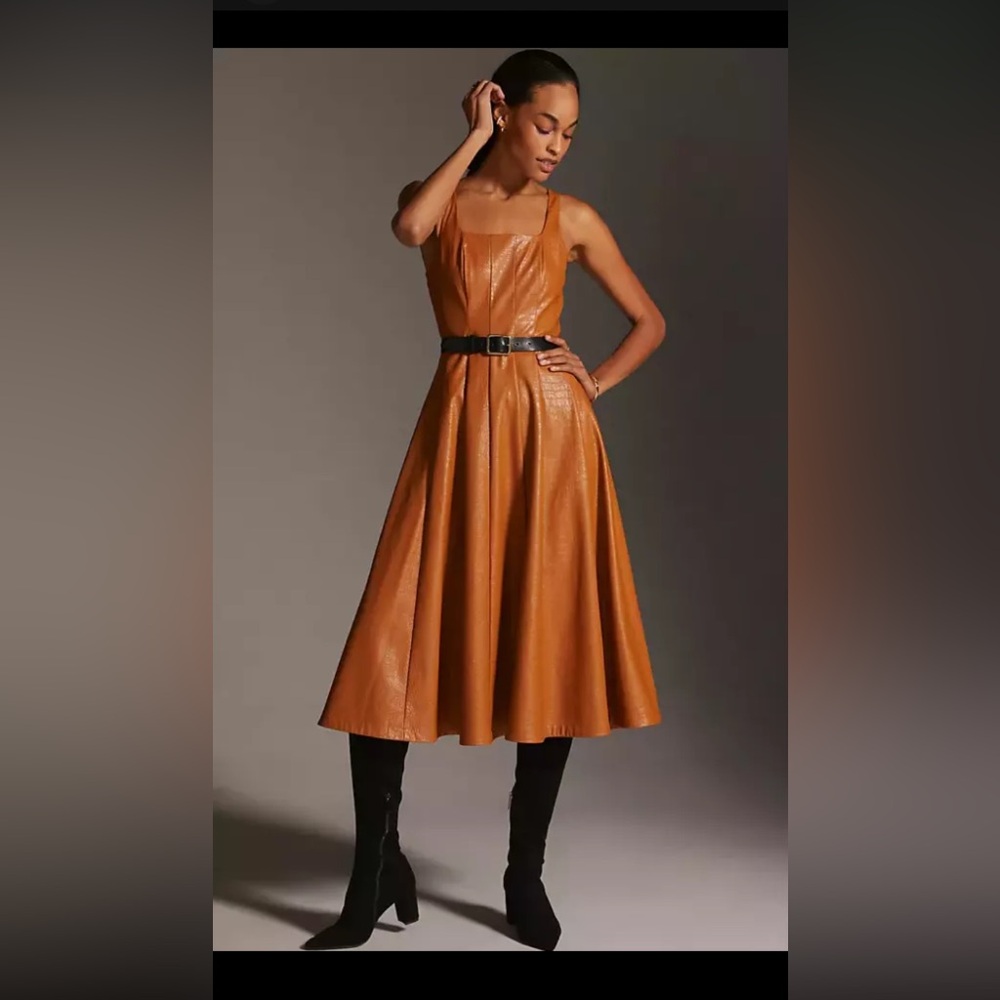 NWOT Anthropologie Avec Les Filles Vegan Faux Leather Midi Honey Dress Size XS